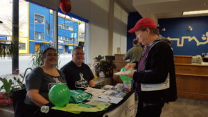 Vancouver @coopradio's Pamela Bentley and Each For All's Dale McGladdery at the Co-op Radio table at the CCEC Credit Union pancake breakfast.