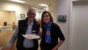 Regular Each For All commentator and CCEC Credit Union former GM Ross Gentleman and current GM Tracey Kliesch at the CCEC Credit Union pancake breakfast.