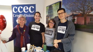 The BC Cooperative Association team Patrice Pratt, Katherine Levett, Tasha Nathanson, and Brad Boyce at the CCEC Credit Union pancake breakfast.