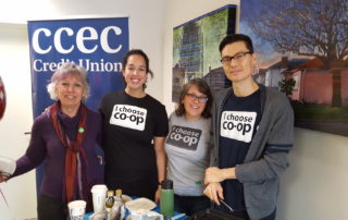 The BC Cooperative Association team Patrice Pratt, Katherine Levett, Tasha Nathanson, and Brad Boyce at the CCEC Credit Union pancake breakfast.