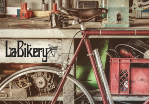 La Bikery logo and bicycle in shop