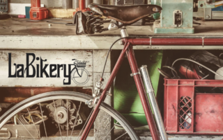 La Bikery logo and bicycle in shop